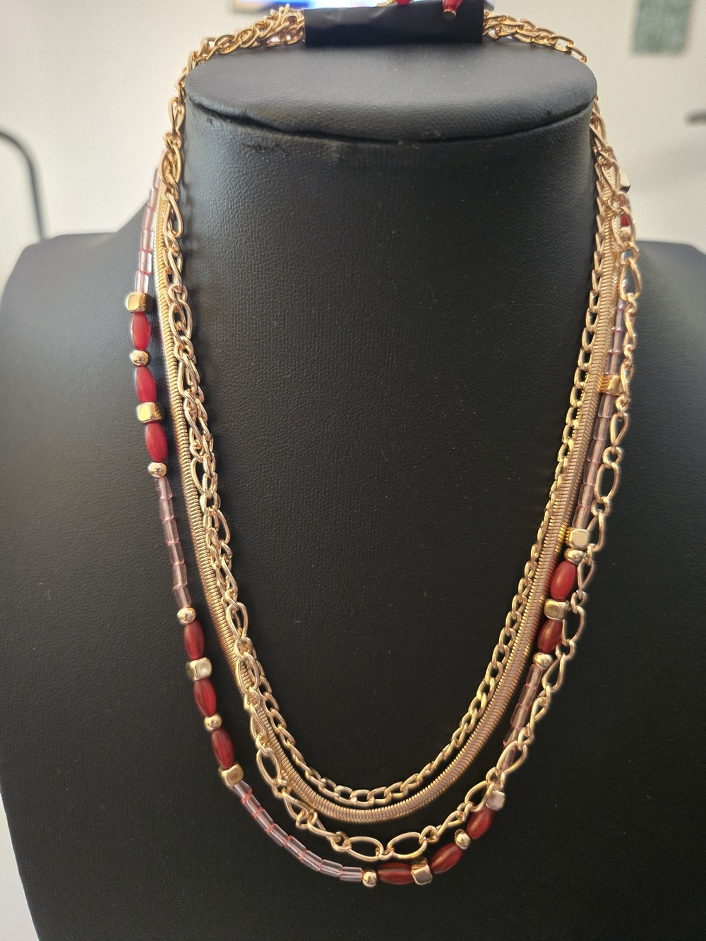 Layered Gold & Red Multi-Chain Necklace - Picture 1 of 2